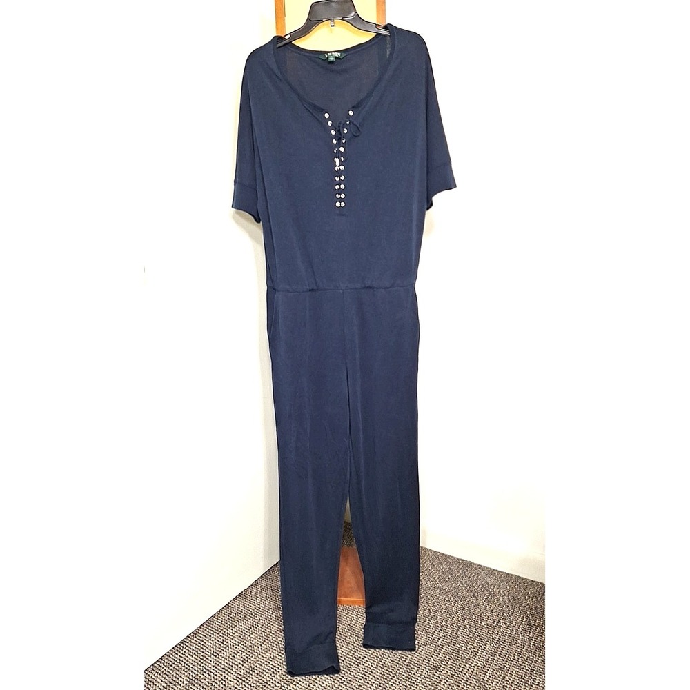 Lauren Ralph Lauren Super Soft Large Jumpsuit Lace Up and Pockets L Navy Blue Lg